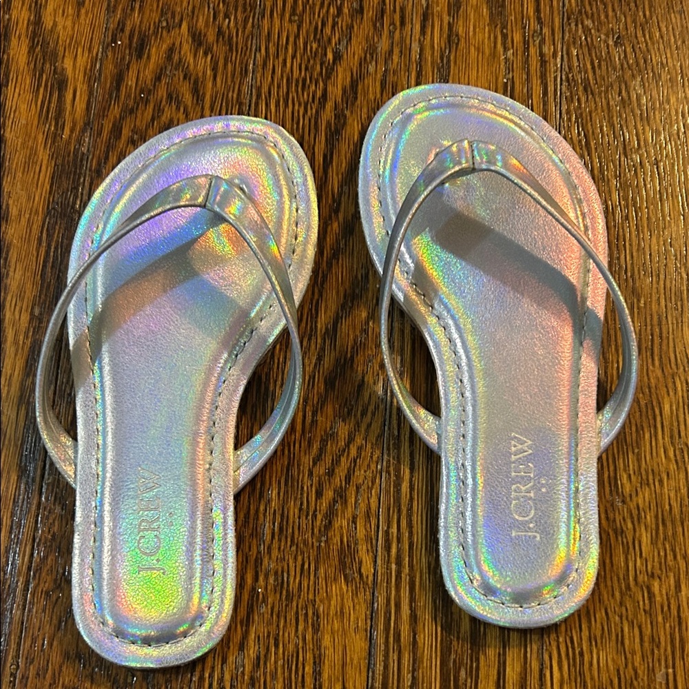 J. Crew Iridescent Silver Rainbow Sheen Flip Flops